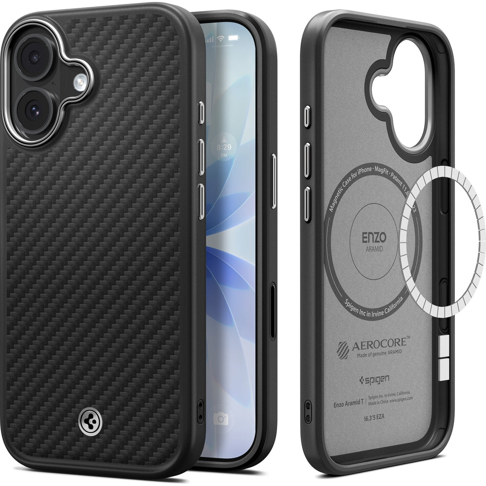 Handyhülle für iPhone 17, Spigen Enzo Aramid T Mag (CC) mit MagSafe, Schwarz-Silbern