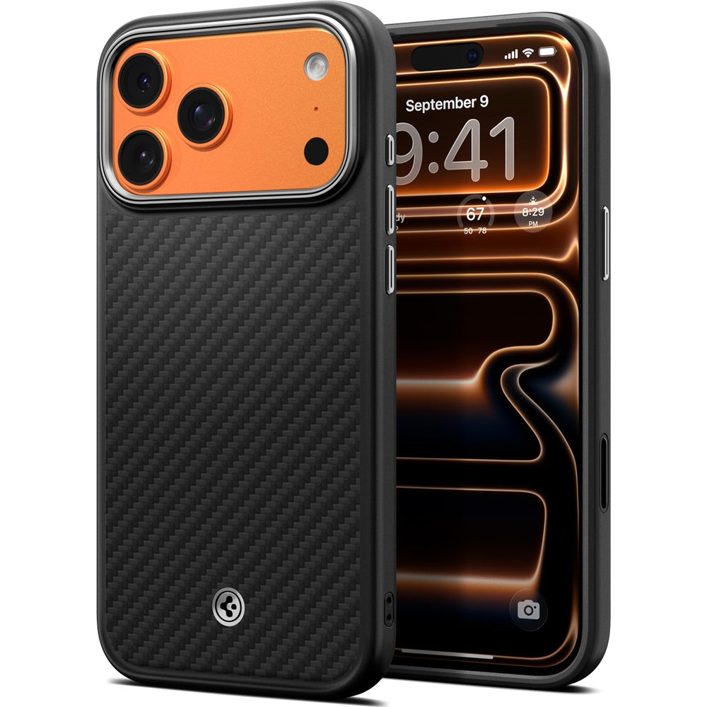 Handyhülle für iPhone 17 Pro, Spigen Enzo Aramid T Mag (CC) mit MagSafe, Schwarz-Silbern