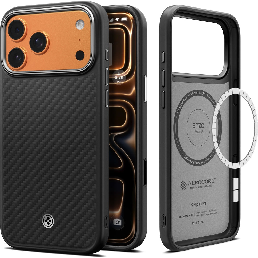 Handyhülle für iPhone 17 Pro, Spigen Enzo Aramid T Mag (CC) mit MagSafe, Schwarz-Silbern