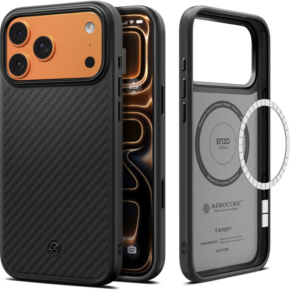 Handyhülle für iPhone 17 Pro Max, Spigen Enzo Aramid T Mag (CC) mit MagSafe, Schwarz