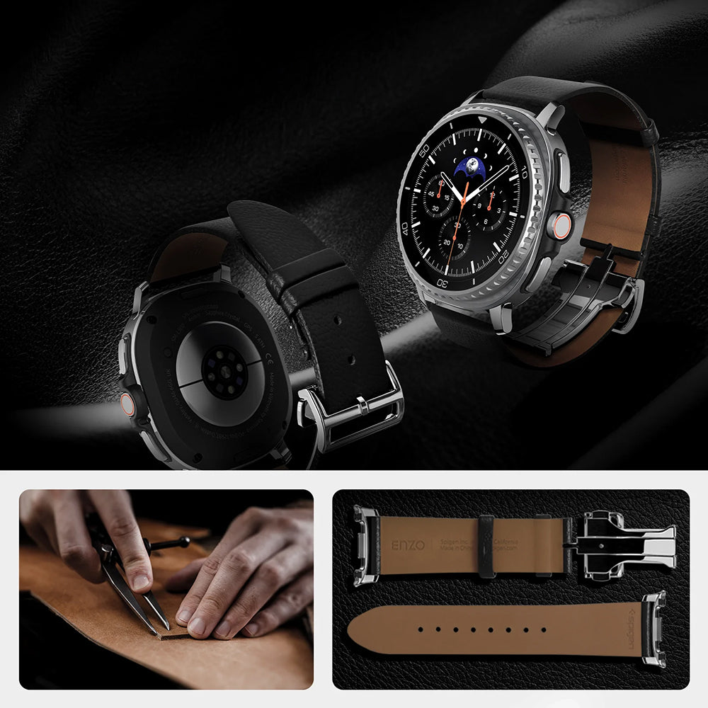 Leder Armband für Galaxy Watch 9 40 mm / 44 mm / 8 40 mm / 44 mm / 8 Classic 46 mm, Spigen Enzo, Schwarz-Braun