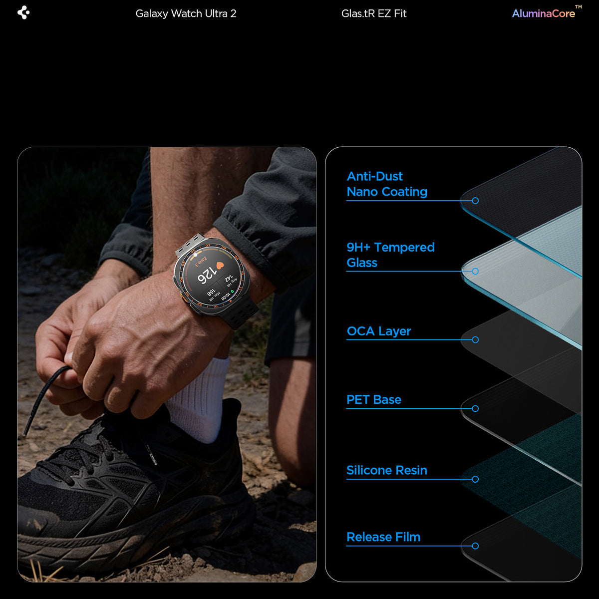 Glas für Galaxy Watch Ultra 2 47 mm, Spigen Glas.tR EZ Fit AC 2-Pack mit Applikator