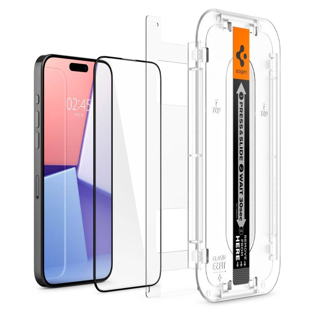 Glas für die Schutzhülle Spigen Glas.tR EZ Fit FC 2-Pack für iPhone 15 Pro Max, mit schwarzem Rahmen