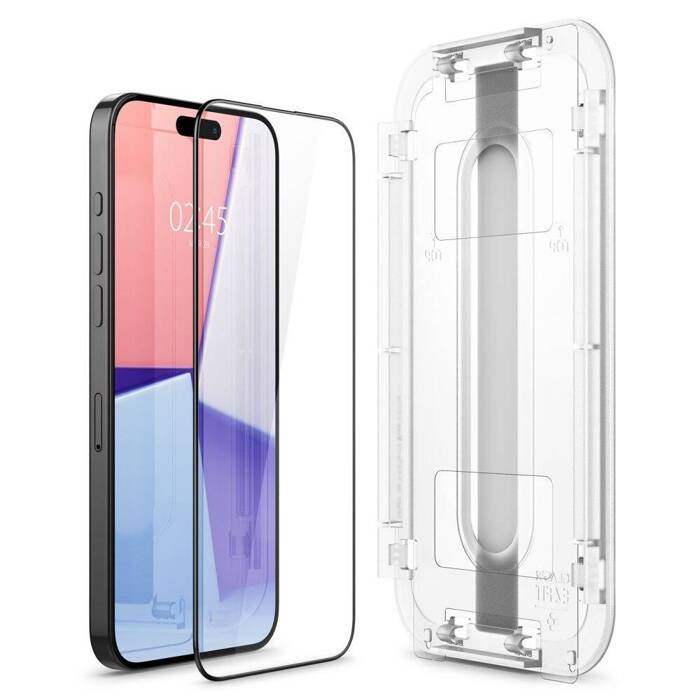 Glas für die Schutzhülle Spigen Glas.tR EZ Fit FC 2-Pack für iPhone 15 Pro, mit schwarzem Rahmen
