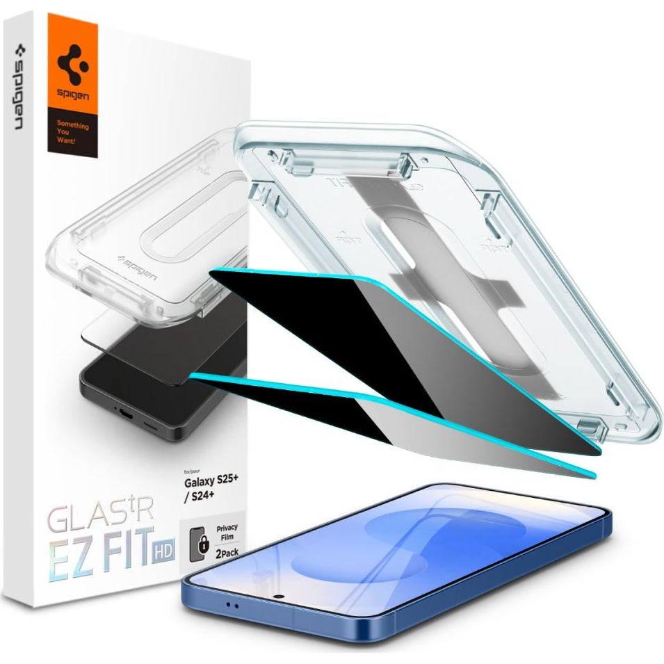 Spigen Glas.tR EZ Fit Privacy for Galaxy S25 Plus/S24 Plus, 2-Pack, featuring tempered glass with privacy filter.