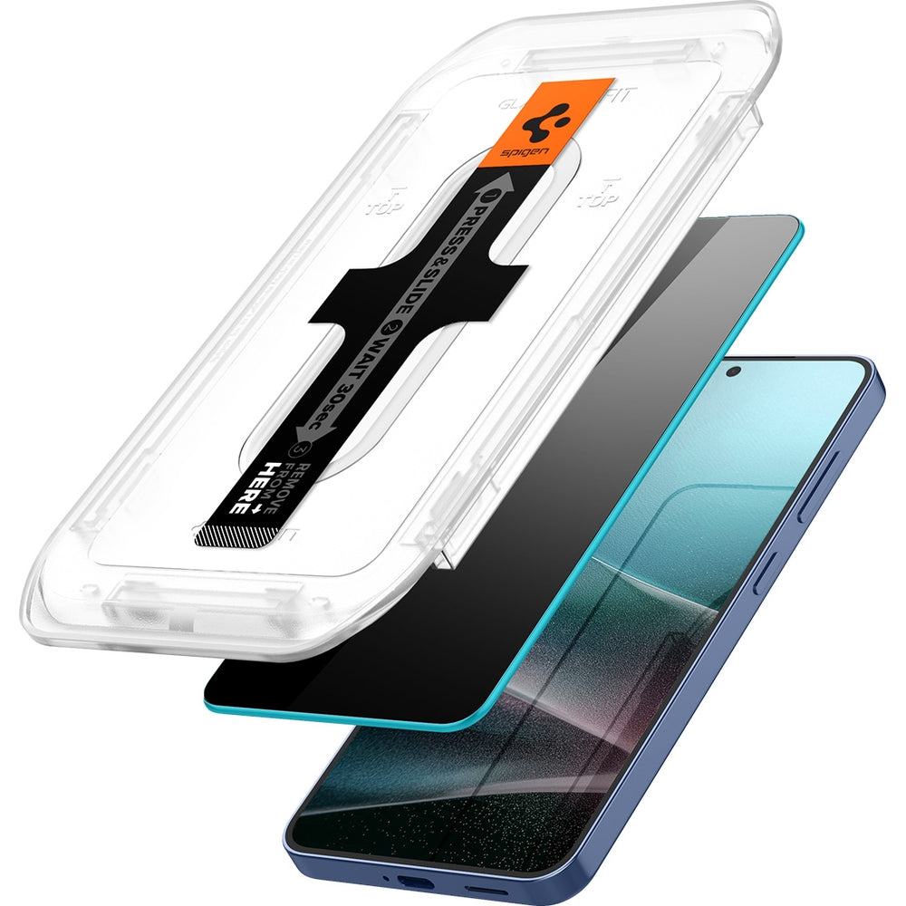 Spigen Glas.tR EZ Fit Privacy installation kit for Galaxy S25 Plus and S24 Plus, showcasing screen protector layers.
