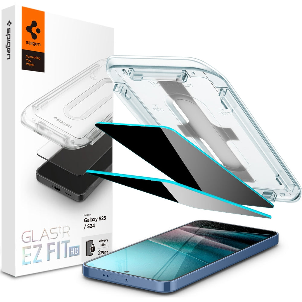 Spigen Glas.tR EZ Fit Privacy glass for Galaxy S25/S24, 2-pack with installation guide and screen protection.