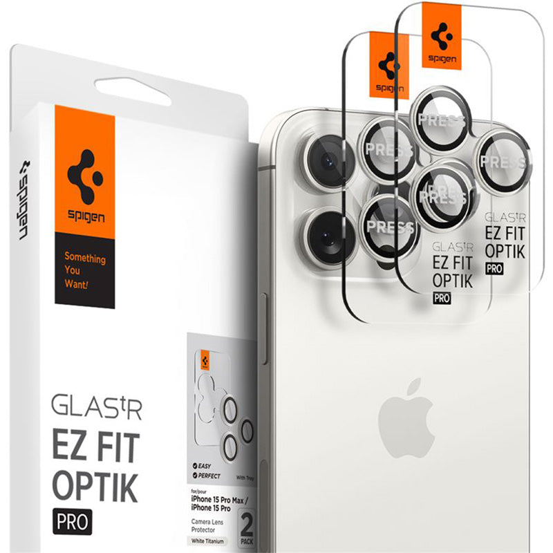Glas für die Kamera für iPhone 15 Pro / 15 Pro Max, Spigen Glas.tR Ez Fit Optik Pro 2-Pack, Schwarz-Weiß