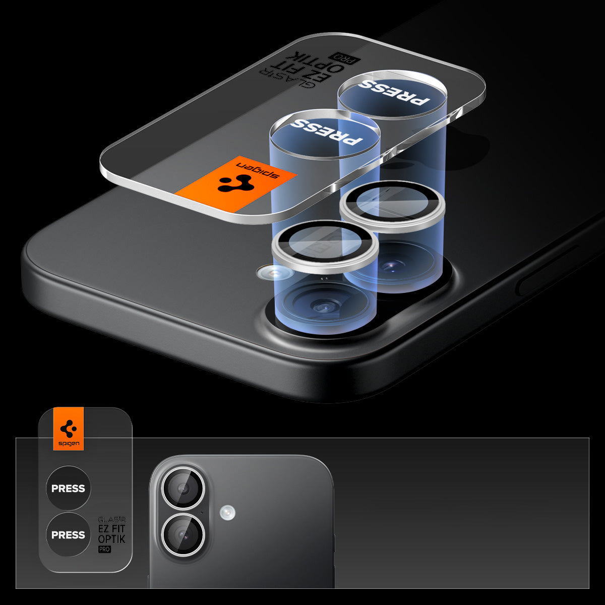 Glas für die Kamera Spigen Glas.tR EZ Fit Optik Pro 2-Pack für iPhone 17 / 16 Plus / 16, Schwarz-Silbern
