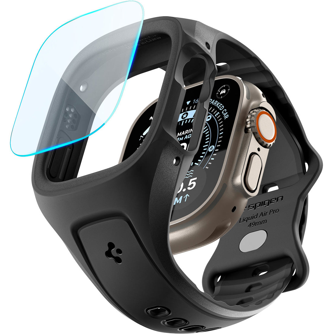Hülle mit einem Armband + Glas für Apple Watch Ultra 3 / 2 / 1 (49 mm), Spigen Liquid Air Pro SP, Schwarz