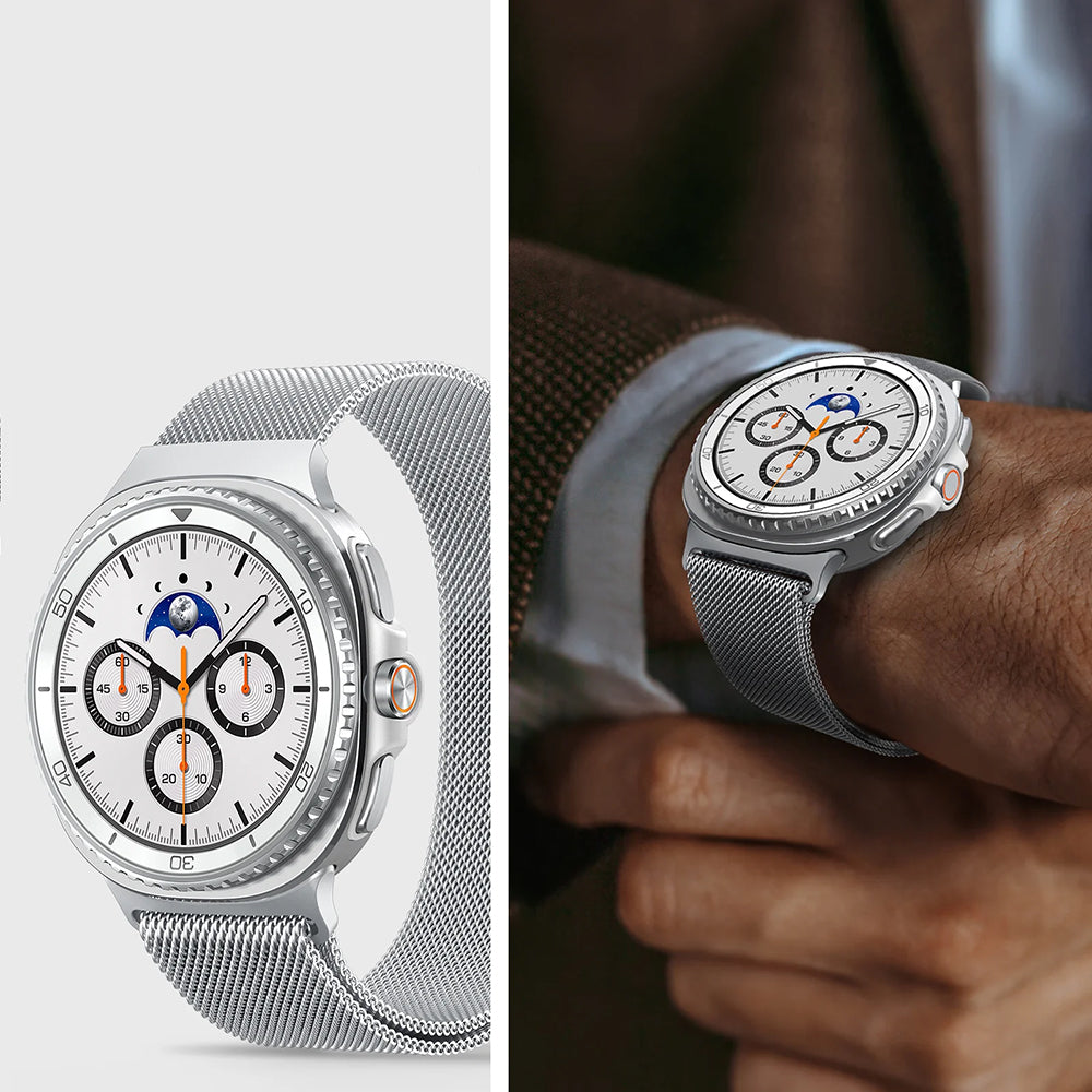 Edelstahl Armband für Galaxy Watch 9 40 mm / 44 mm / 8 40 mm / 44 mm / 8 Classic 46 mm, Spigen Metal Fit, Silbern