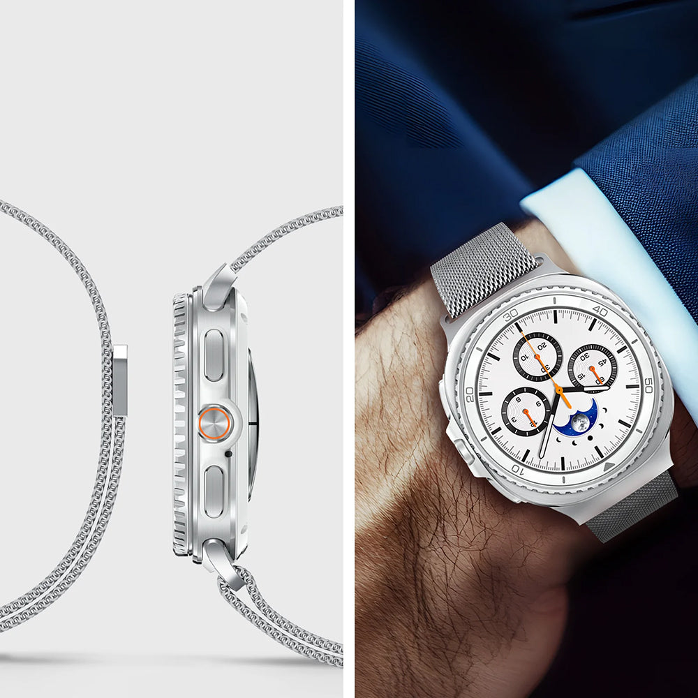 Edelstahl Armband für Galaxy Watch 9 40 mm / 44 mm / 8 40 mm / 44 mm / 8 Classic 46 mm, Spigen Metal Fit, Silbern