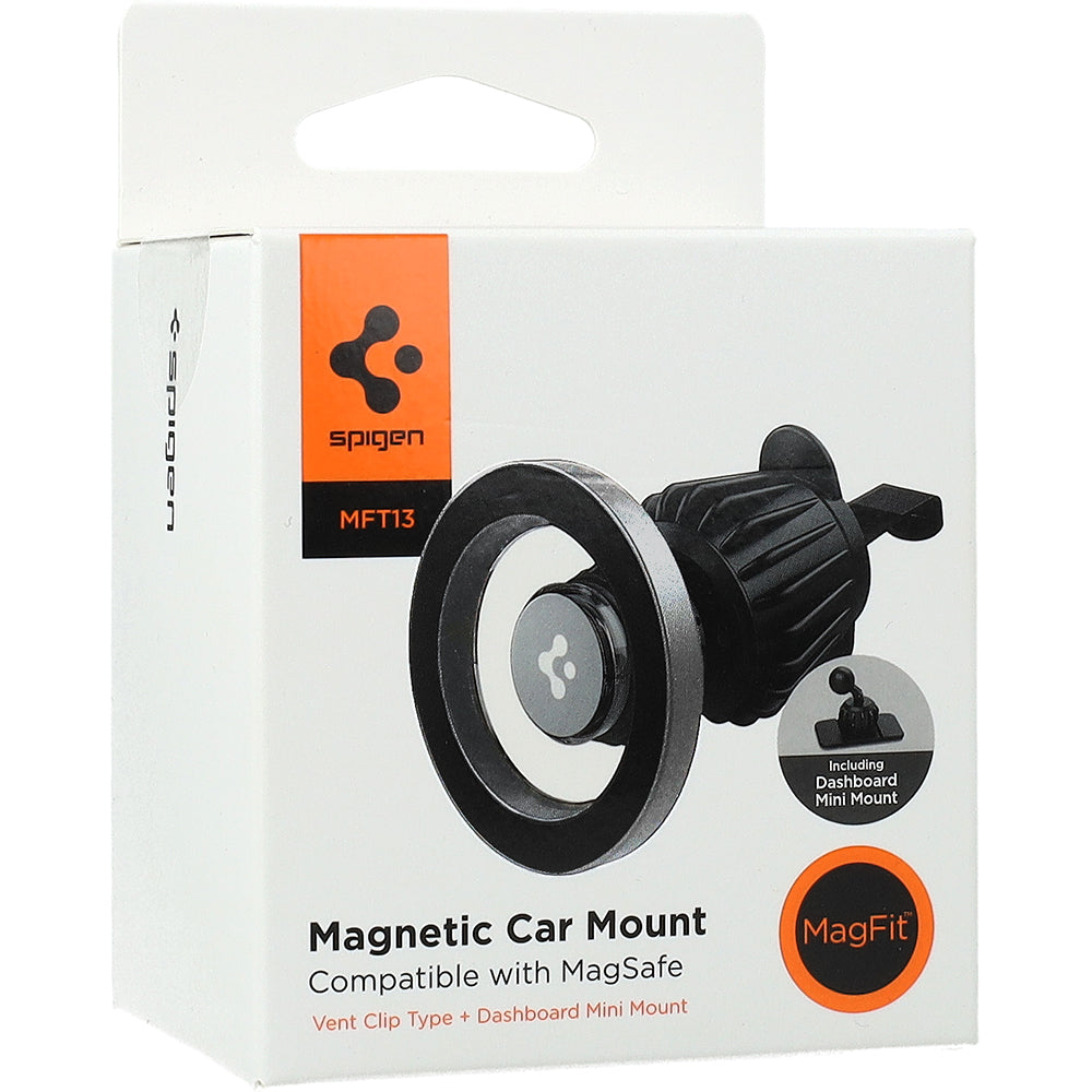 Magnetische Autohalterung für Handy zur Befestigung am Armaturenbrett oder Lüftungsgitter für MagSafe Spigen MFT13 Magnetic Car Mount mit Magnetplatte, Grau-Schwarz