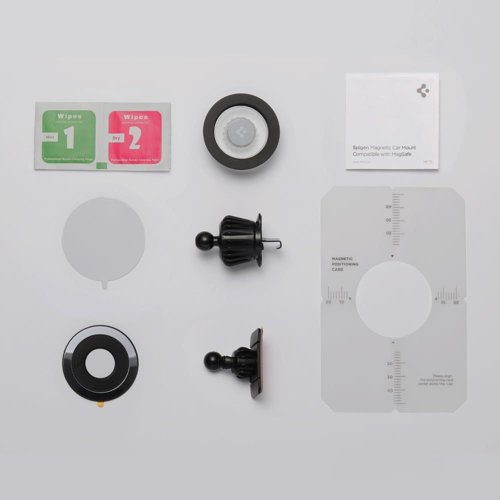Magnetische Autohalterung für Handy zur Befestigung am Armaturenbrett oder Lüftungsgitter für MagSafe Spigen MFT13 Magnetic Car Mount mit Magnetplatte, Grau-Schwarz