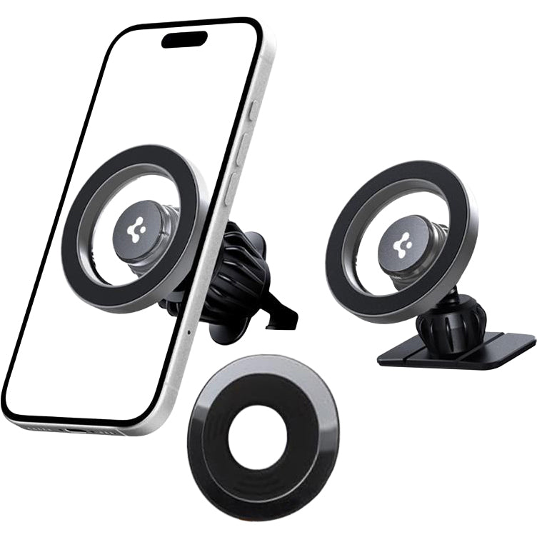 Magnetische Autohalterung für Handy zur Befestigung am Armaturenbrett oder Lüftungsgitter für MagSafe Spigen MFT13 Magnetic Car Mount mit Magnetplatte, Schwarz