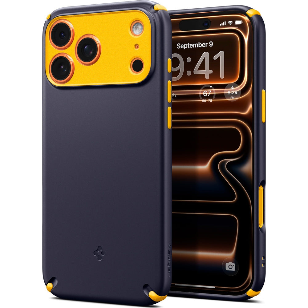 Handyhülle für iPhone 17 Pro, Spigen Nano Pop Hybrid Mag mit MagSafe, Dunkelblau-Gelb