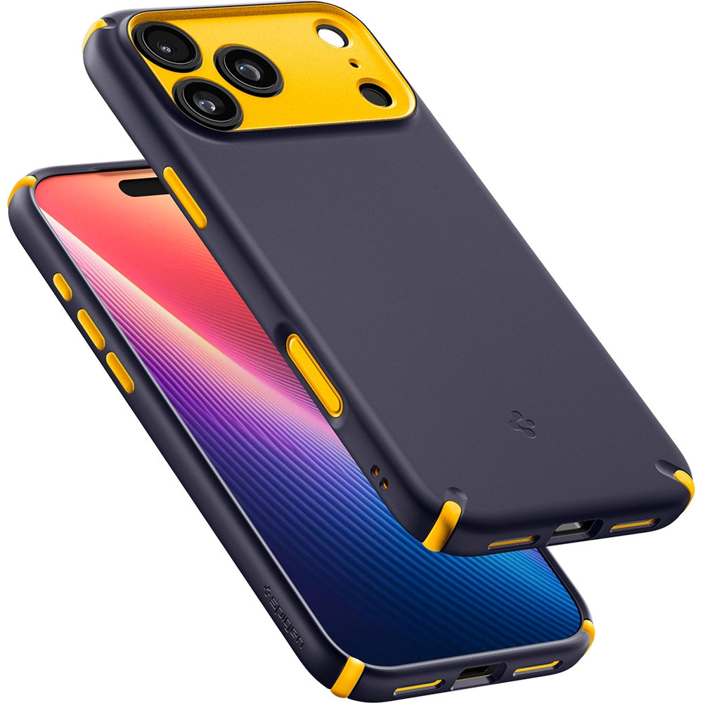 Handyhülle für iPhone 17 Pro, Spigen Nano Pop Hybrid Mag mit MagSafe, Dunkelblau-Gelb