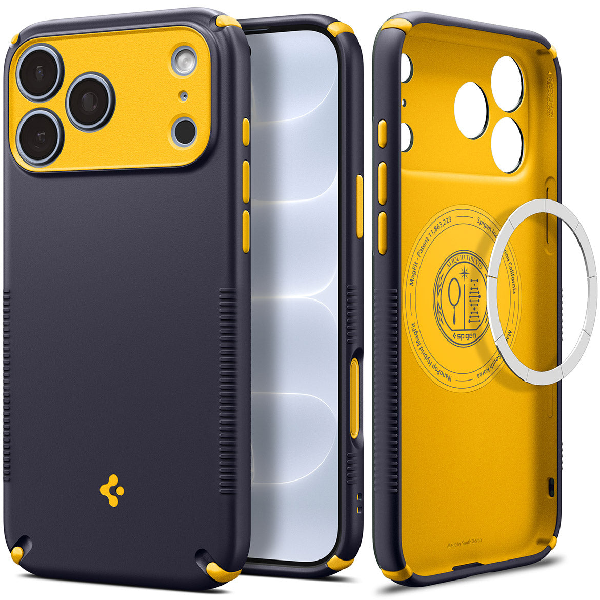 Handyhülle für iPhone 18 Pro, Spigen Nano Pop Hybrid Mag mit MagSafe, Dunkelblau-Gelb (1/16)