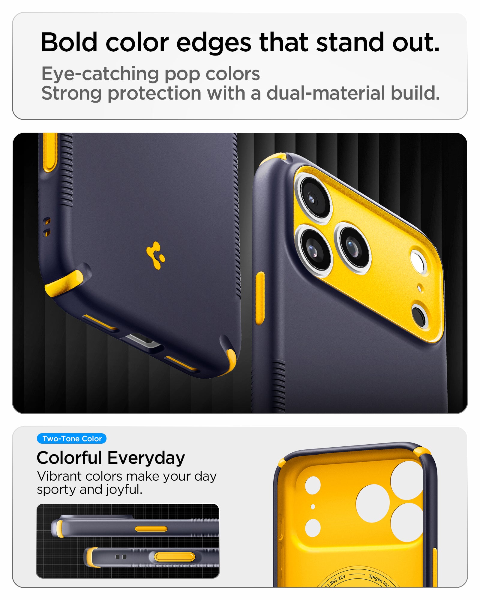 Handyhülle für iPhone 18 Pro, Spigen Nano Pop Hybrid Mag mit MagSafe, Dunkelblau-Gelb (6/15)