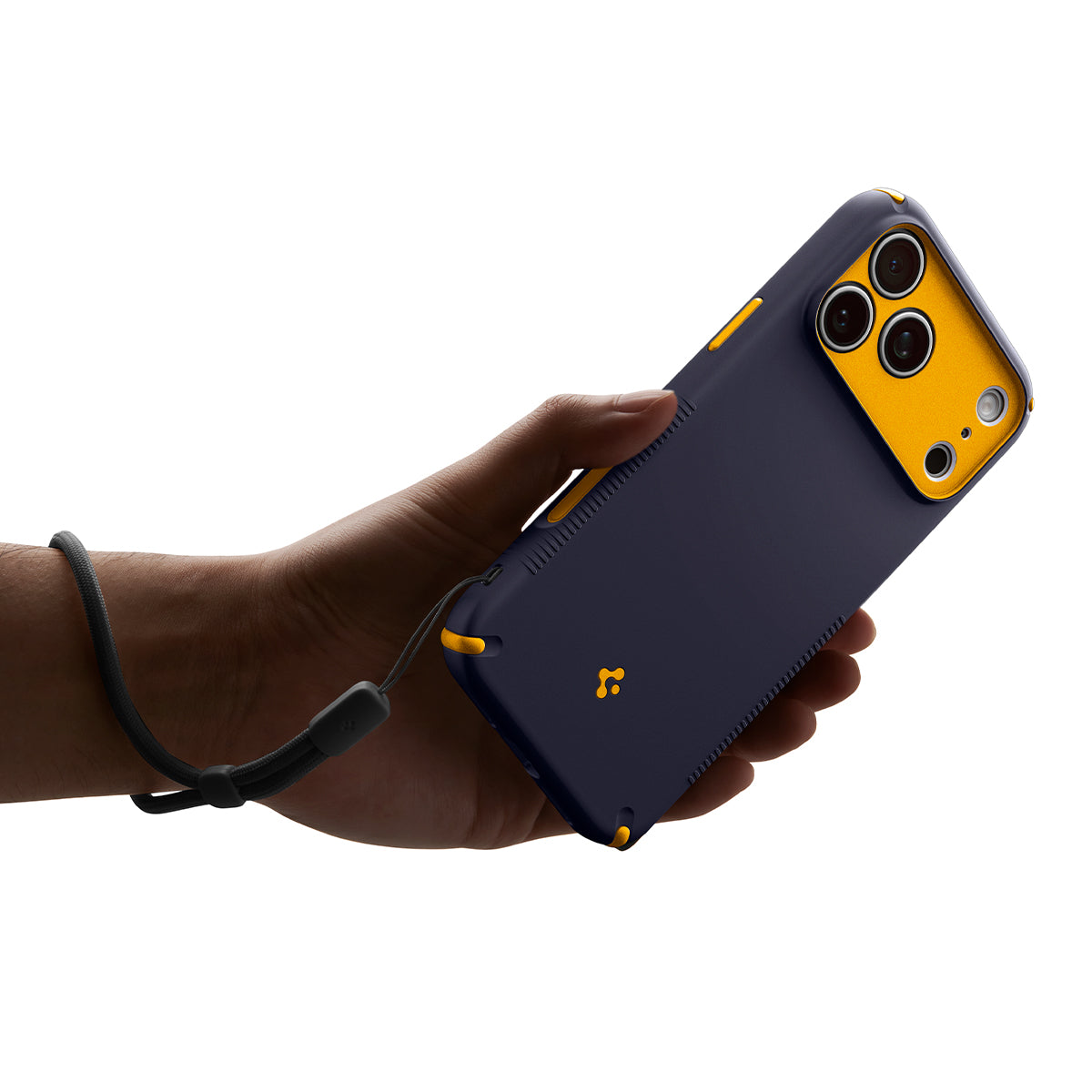Handyhülle für iPhone 18 Pro, Spigen Nano Pop Hybrid Mag mit MagSafe, Dunkelblau-Gelb (10/15)