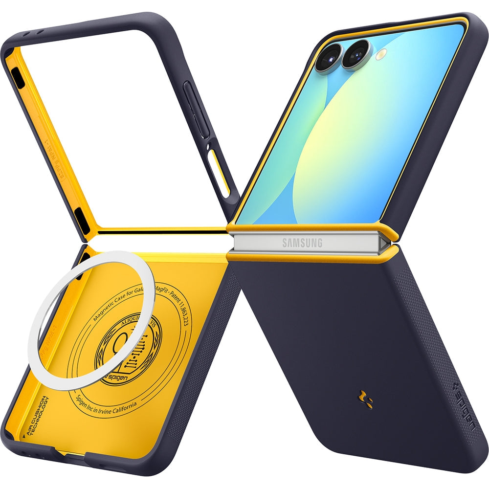 Handyhülle für Galaxy Z Flip7, Spigen Nano Pop Mag mit MagSafe, Dunkelblau und Gelb
