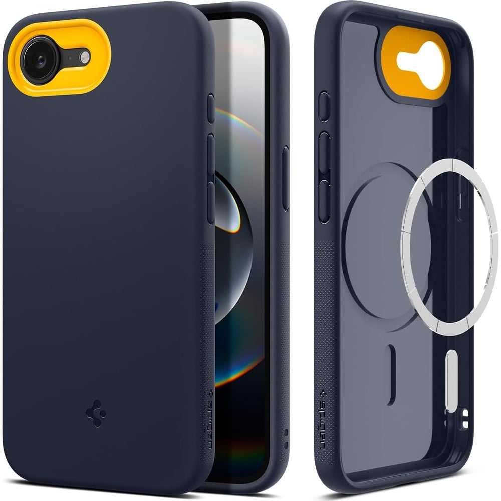 Handyhülle für iPhone 17e / 16e, Spigen Nano Pop Mag mit MagSafe, Dunkelblau und Gelb