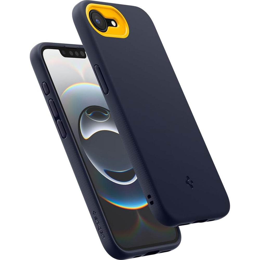Handyhülle für iPhone 17e / 16e, Spigen Nano Pop Mag mit MagSafe, Dunkelblau und Gelb