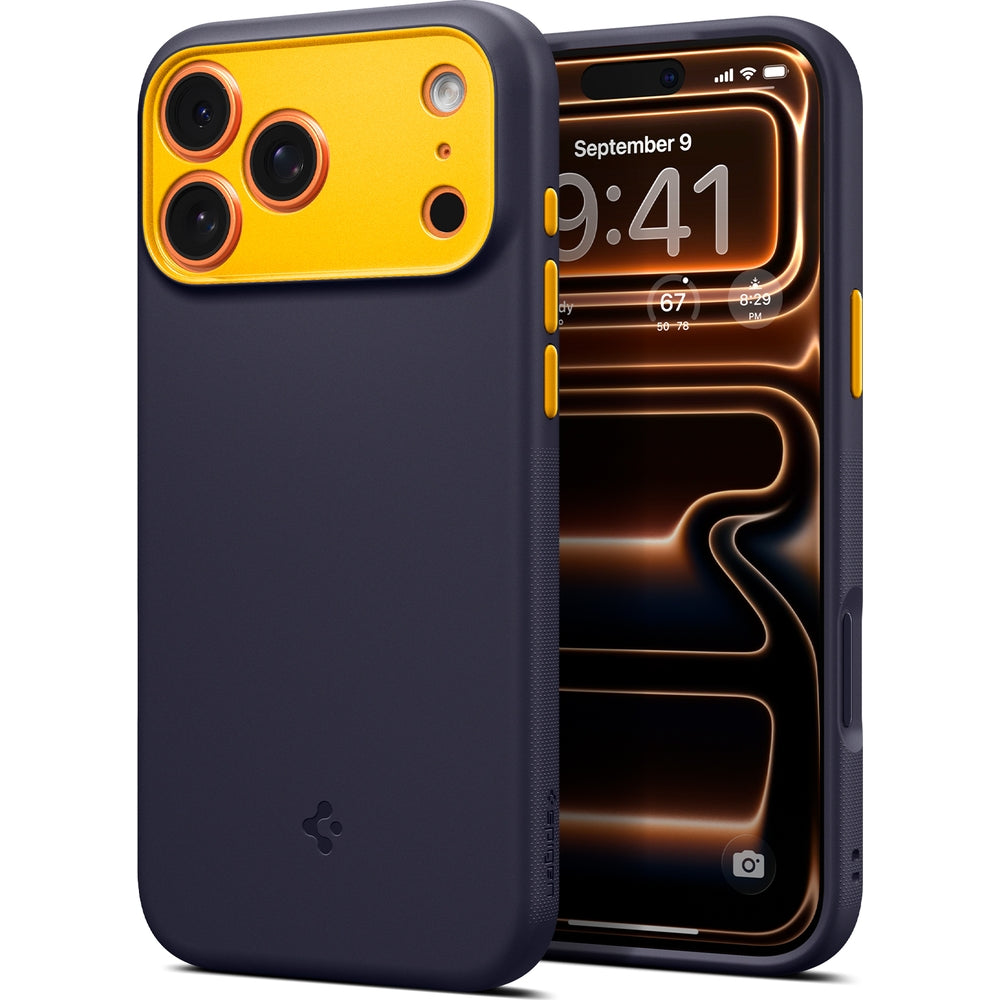 Handyhülle für iPhone 17 Pro, Spigen Nano Pop Mag mit MagSafe, Dunkelblau und Gelb