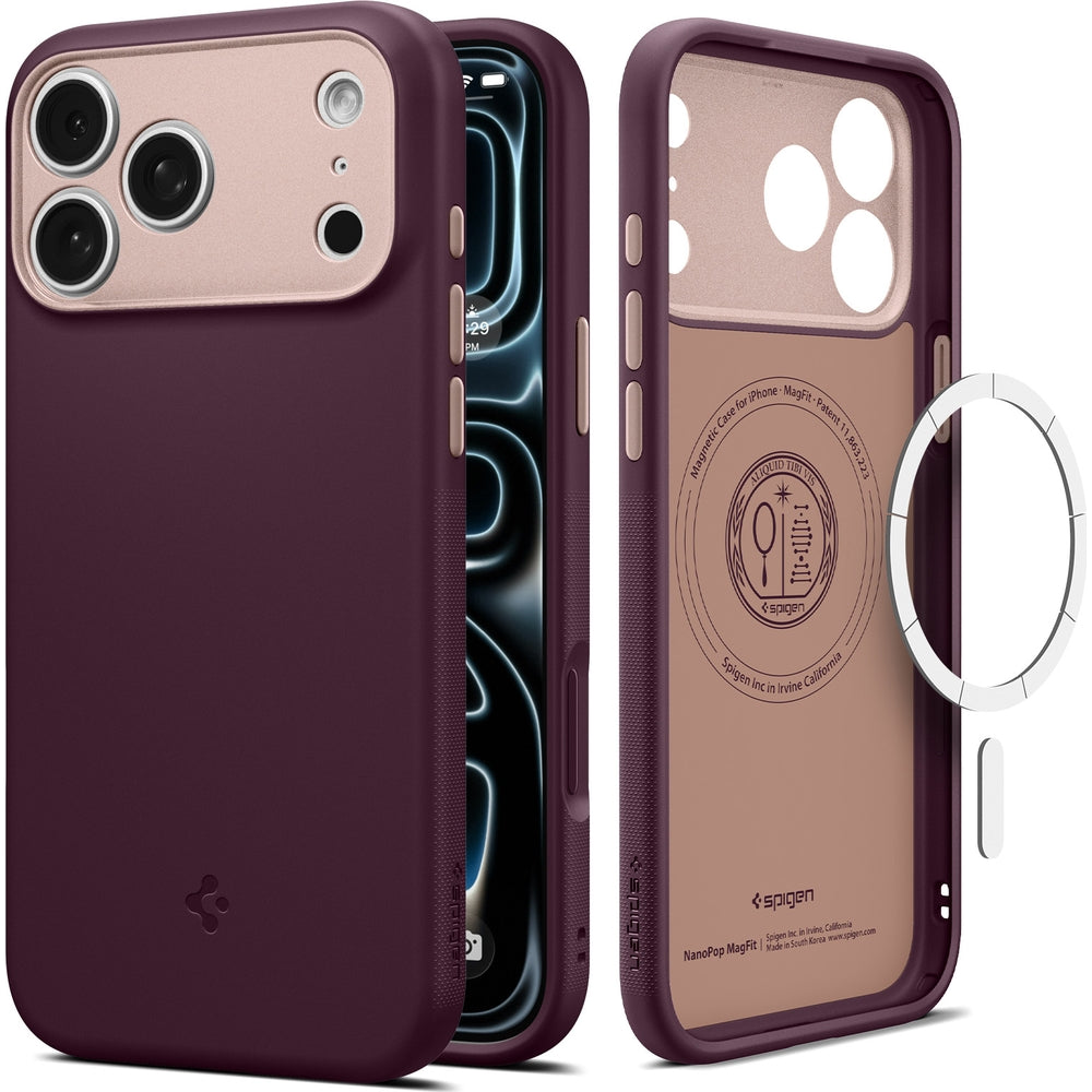 Handyhülle für iPhone 17 Pro, Spigen Nano Pop Mag mit MagSafe, Dunkelrot-Rosa
