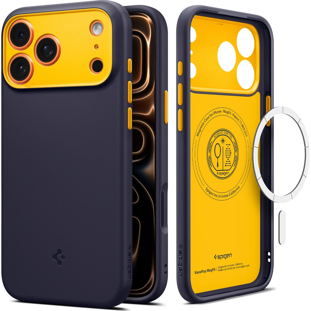 Handyhülle für iPhone 17 Pro Max, Spigen Nano Pop Mag mit MagSafe, Dunkelblau und Gelb
