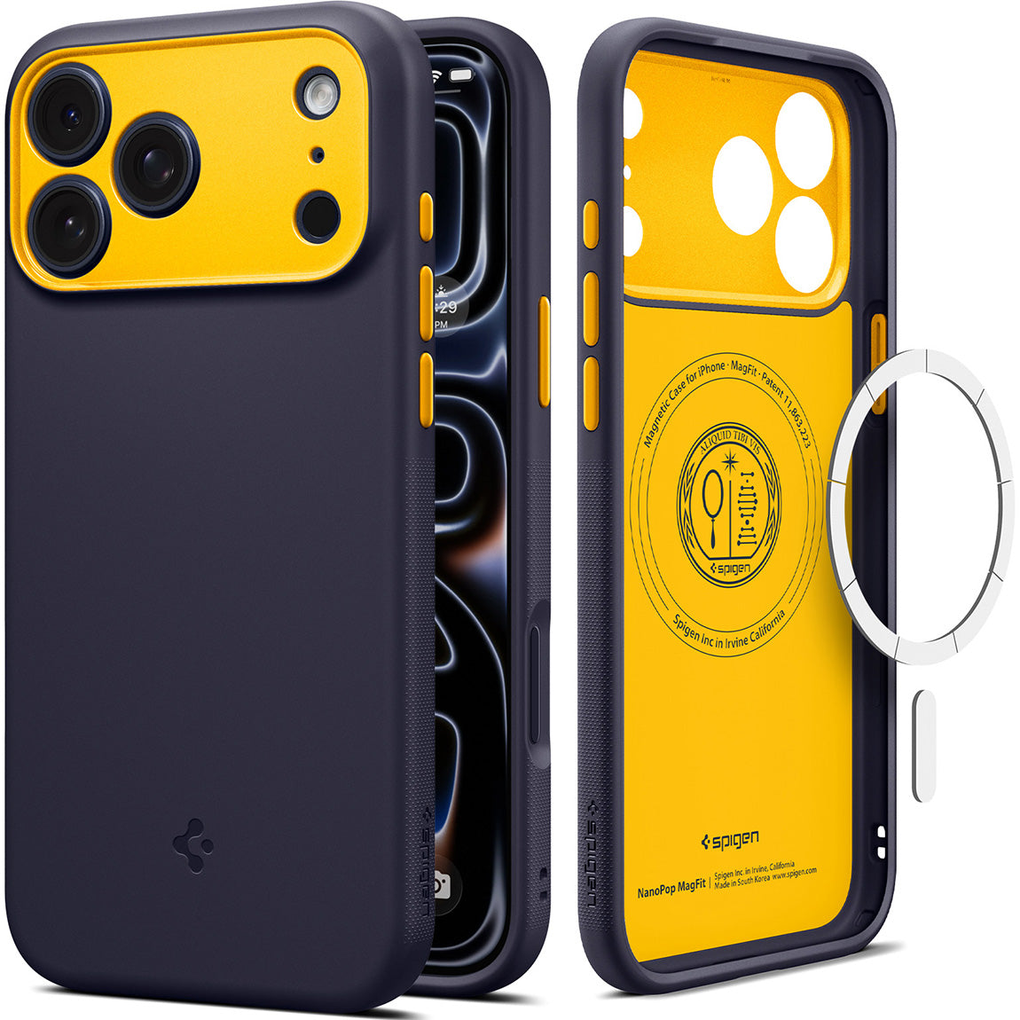 Handyhülle für iPhone 18 Pro, Spigen Nano Pop Mag mit MagSafe, Dunkelblau-Gelb (1/9)