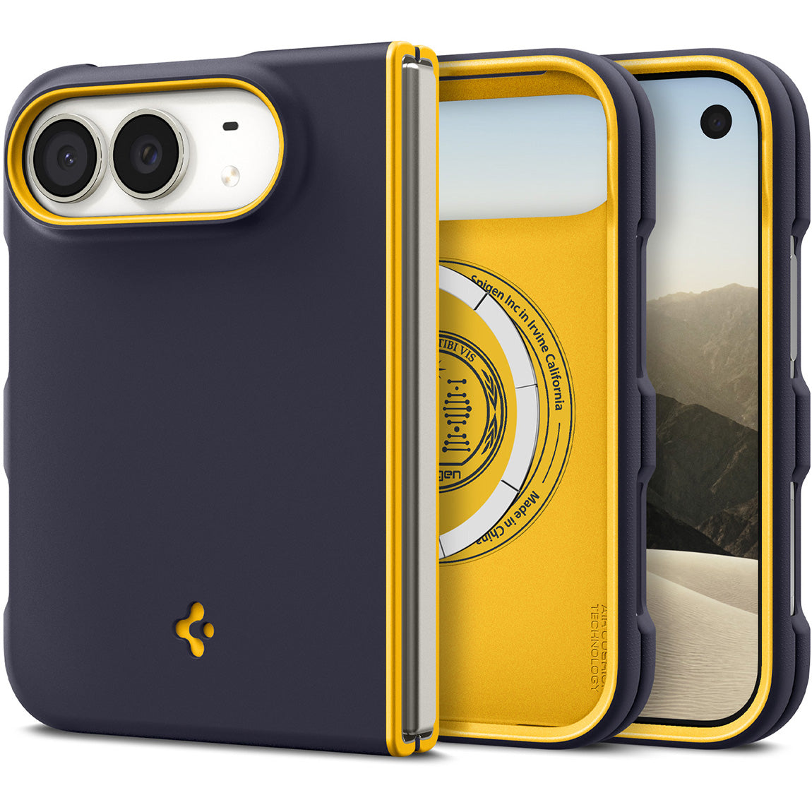 Handyhülle für iPhone Duo, Spigen Nano Pop Mag mit MagSafe, Dunkelblau-Gelb (1/16)