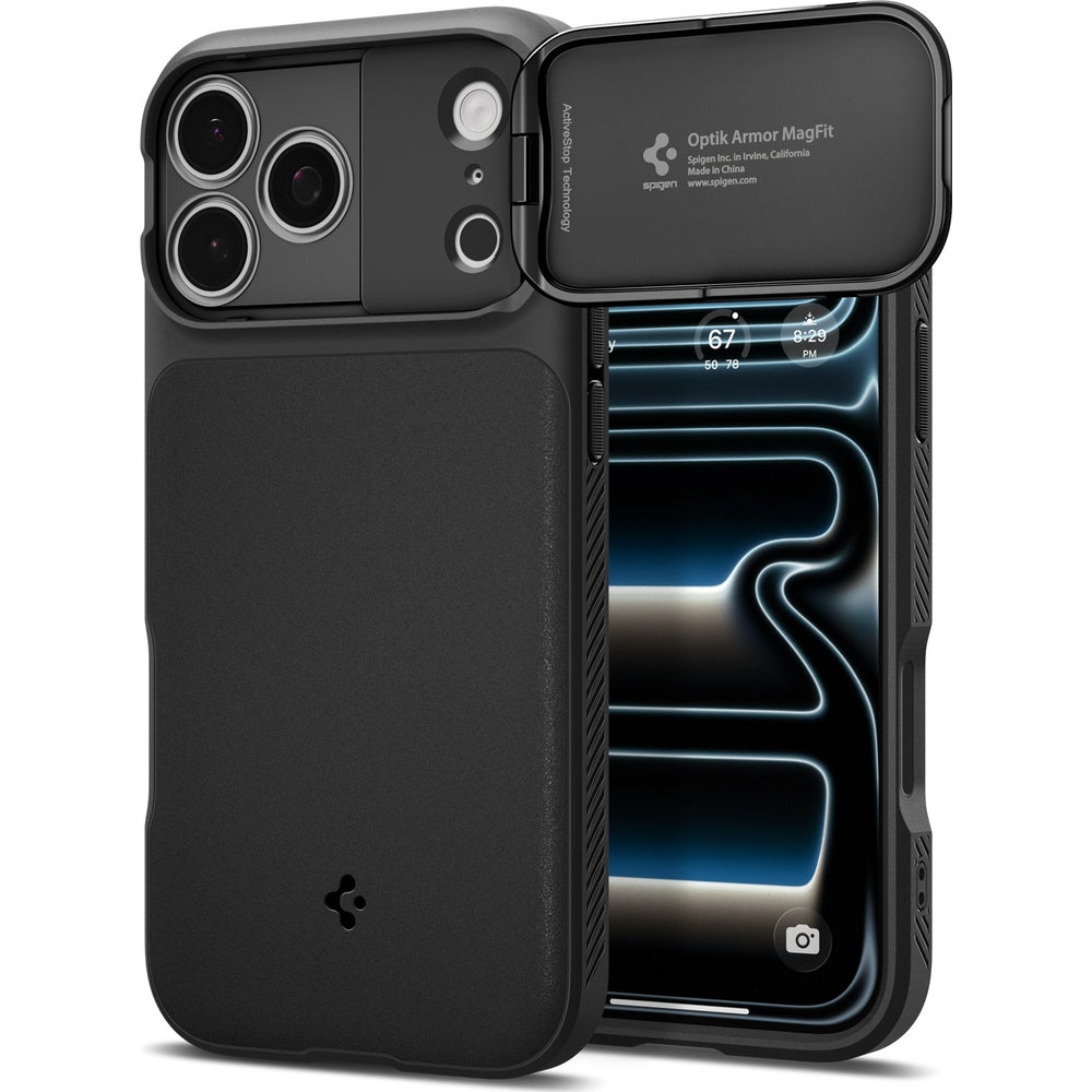 Handyhülle für iPhone 17 Pro, Spigen Optik Armor Mag mit MagSafe, Schwarz
