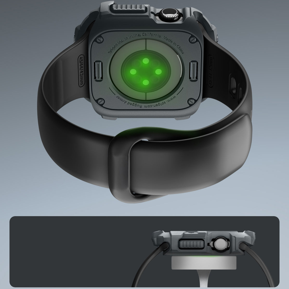 Schutzhülle für Apple Watch 11 / 10 46 mm, Spigen Rugged Armor 2, Grau