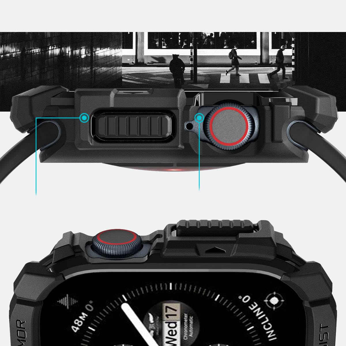 Schutzhülle für Apple Watch 10 46 mm, Spigen Rugged Armor, Schwarz