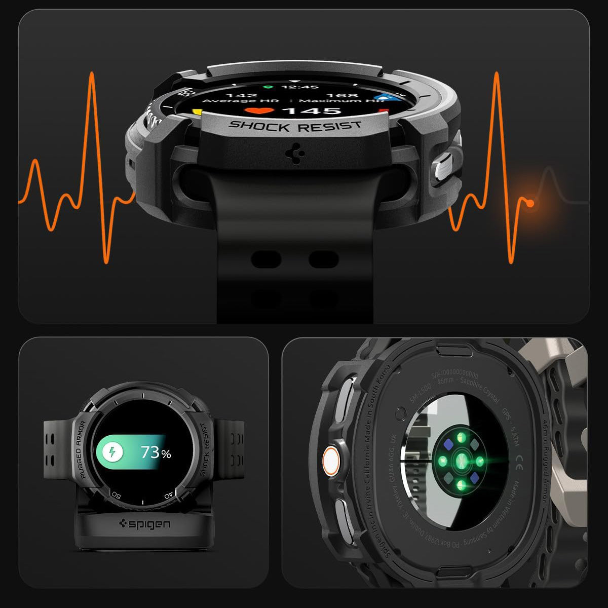 Hülle für Galaxy Watch 8 Classic 46 mm, Spigen Rugged Armor, Schwarz