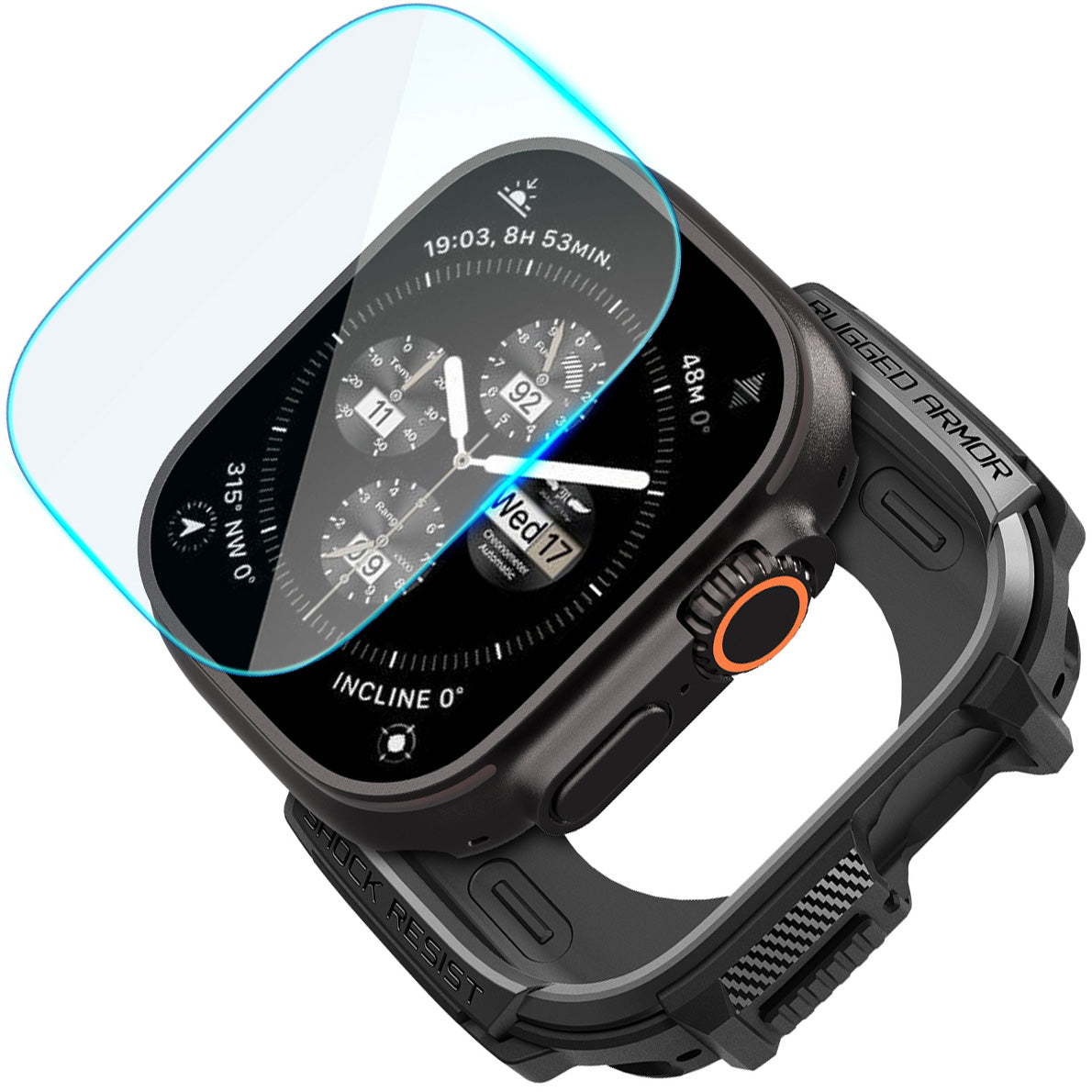 Schutzhülle + Glas für Apple Watch Ultra 3 / 2 / 1 49 mm, Spigen Rugged Armor SP, Schwarz