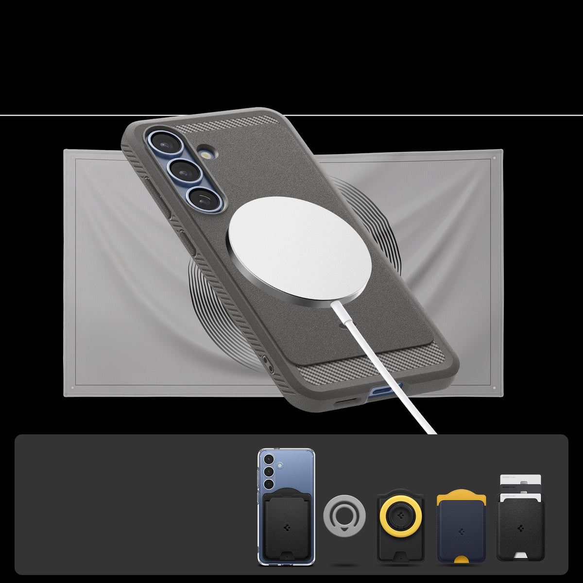 Handyhülle für Galaxy S25, Spigen Rugged Armor Mag mit MagSafe, Grau