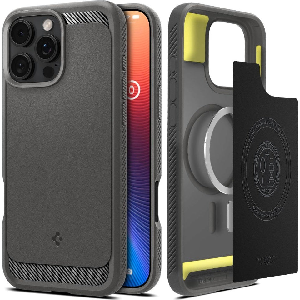 Handyhülle für iPhone 16 Pro, Spigen Rugged Armor Mag mit MagSafe, Grau