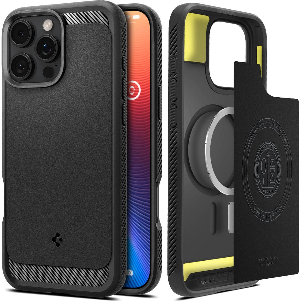 Handyhülle für iPhone 16 Pro, Spigen Rugged Armor Mag mit MagSafe, Schwarz