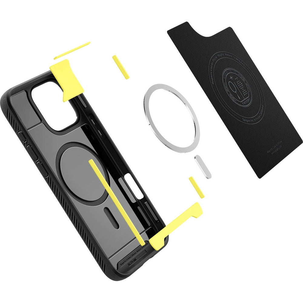Handyhülle für iPhone 16 Pro, Spigen Rugged Armor Mag mit MagSafe, Schwarz
