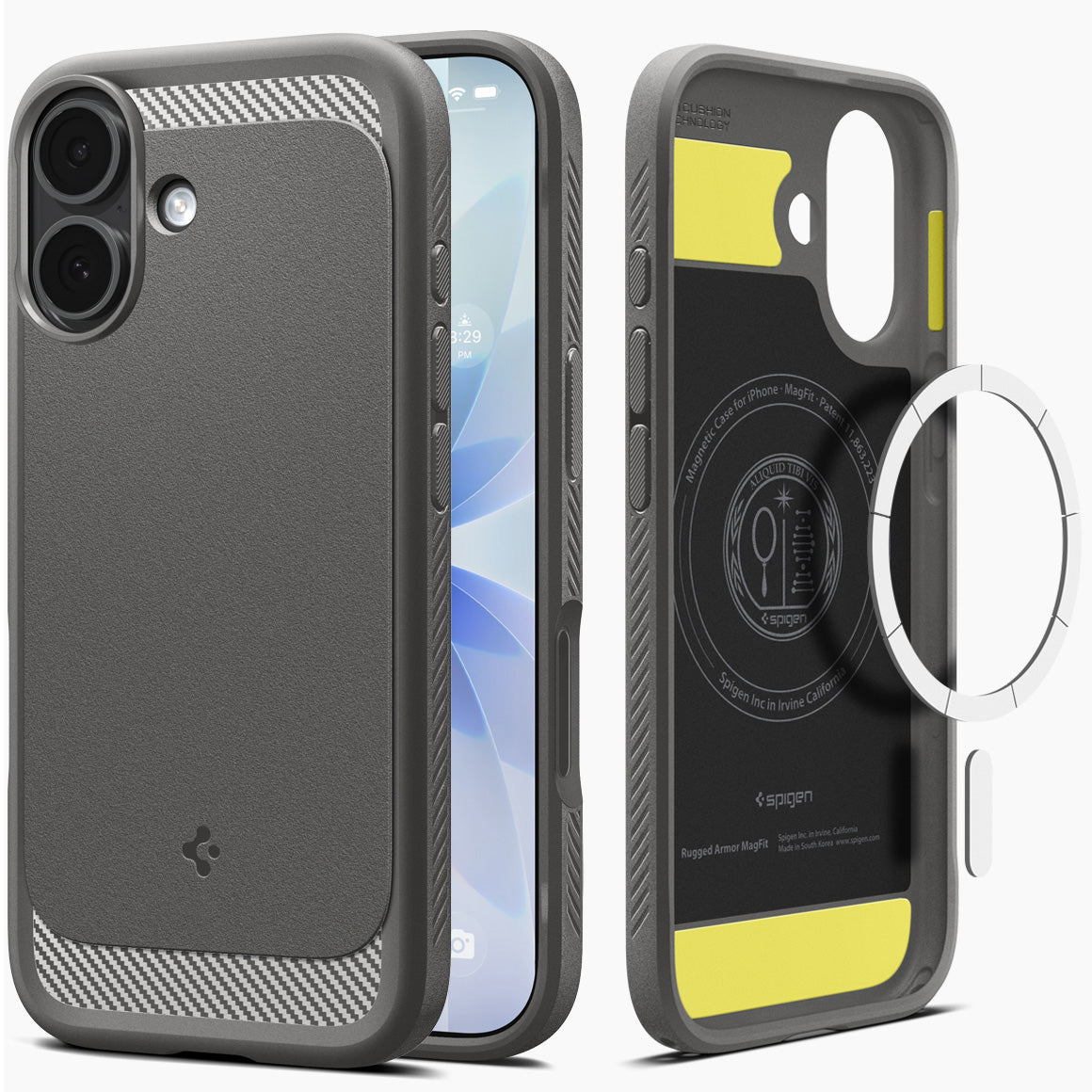 Handyhülle für iPhone 17, Spigen Rugged Armor Mag mit MagSafe, Grau