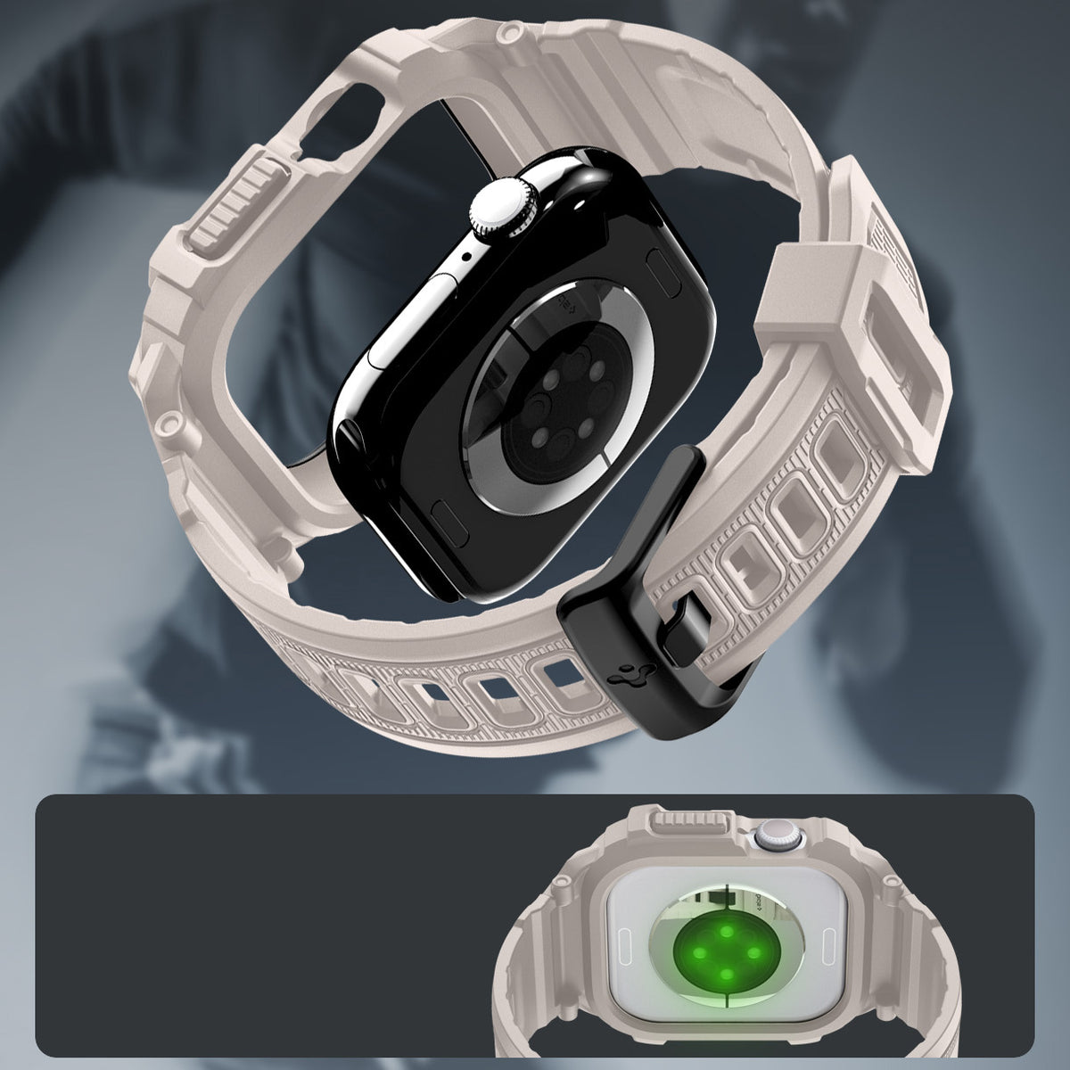 Schutzhülle mit Armband für Apple Watch 11 / 10 46 mm, Spigen Rugged Armor Pro 2, Beige