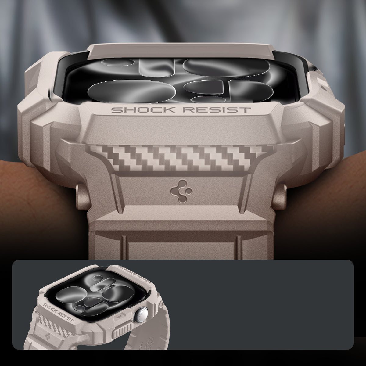 Schutzhülle mit Armband für Apple Watch 11 / 10 46 mm, Spigen Rugged Armor Pro 2, Beige