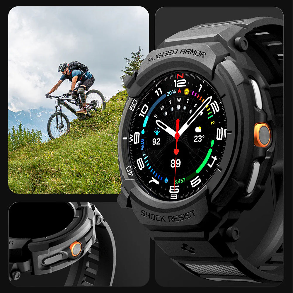 Schutzhülle mit Armband für Galaxy Watch 8 Classic 46mm, Spigen Rugged Armor Pro, Schwarz
