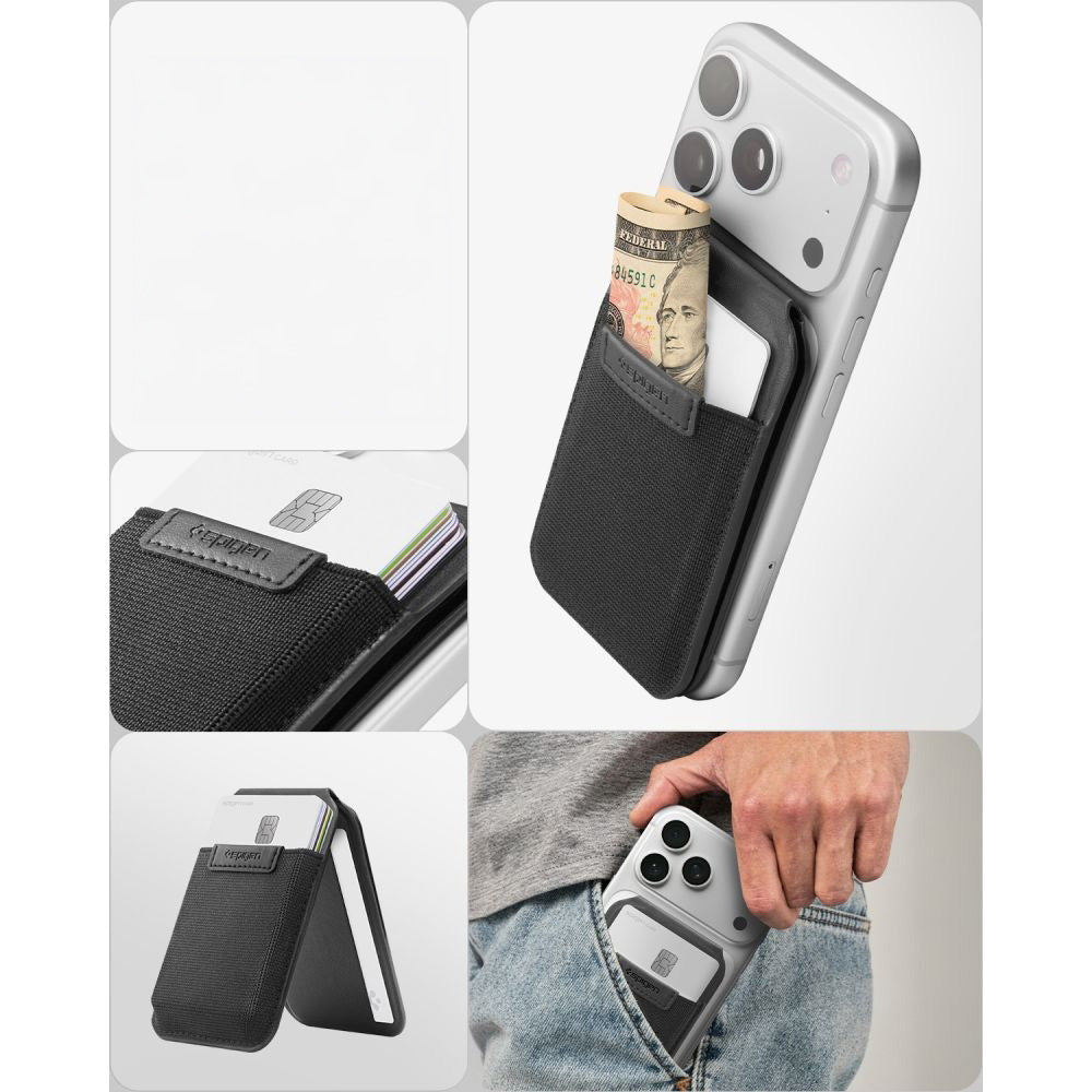 Kartenetui mit Ständer Spigen Slim Fold Mag S314-4 mit MagSafe, Schwarz