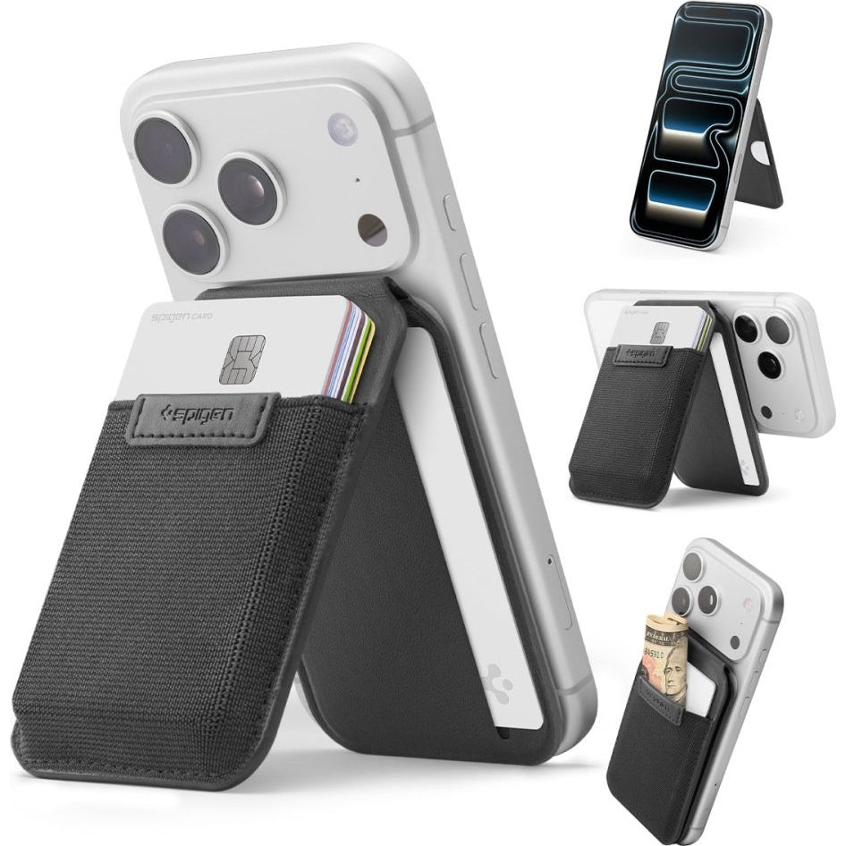 Kartenetui mit Ständer Spigen Slim Fold Mag S314-4 mit MagSafe, Schwarz