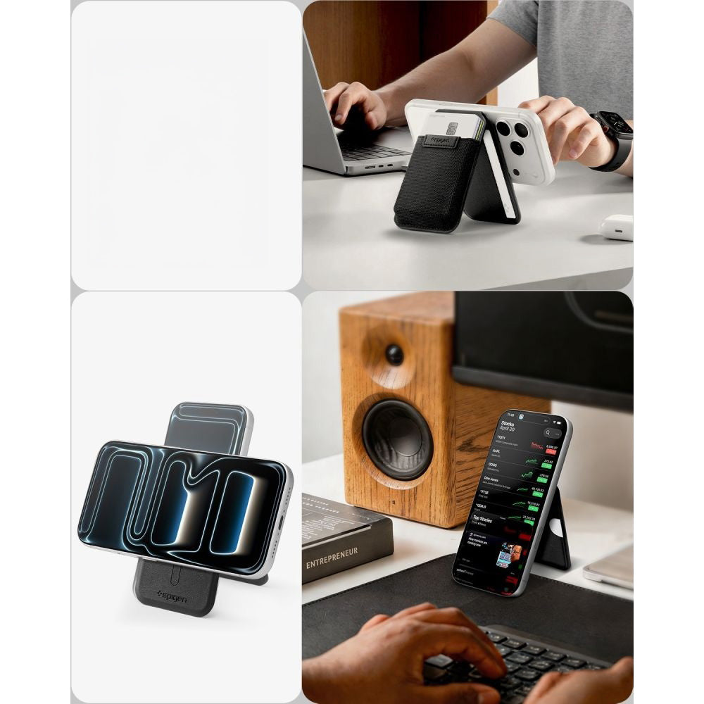 Kartenetui mit Ständer Spigen Slim Fold Mag S314-4 mit MagSafe, Schwarz