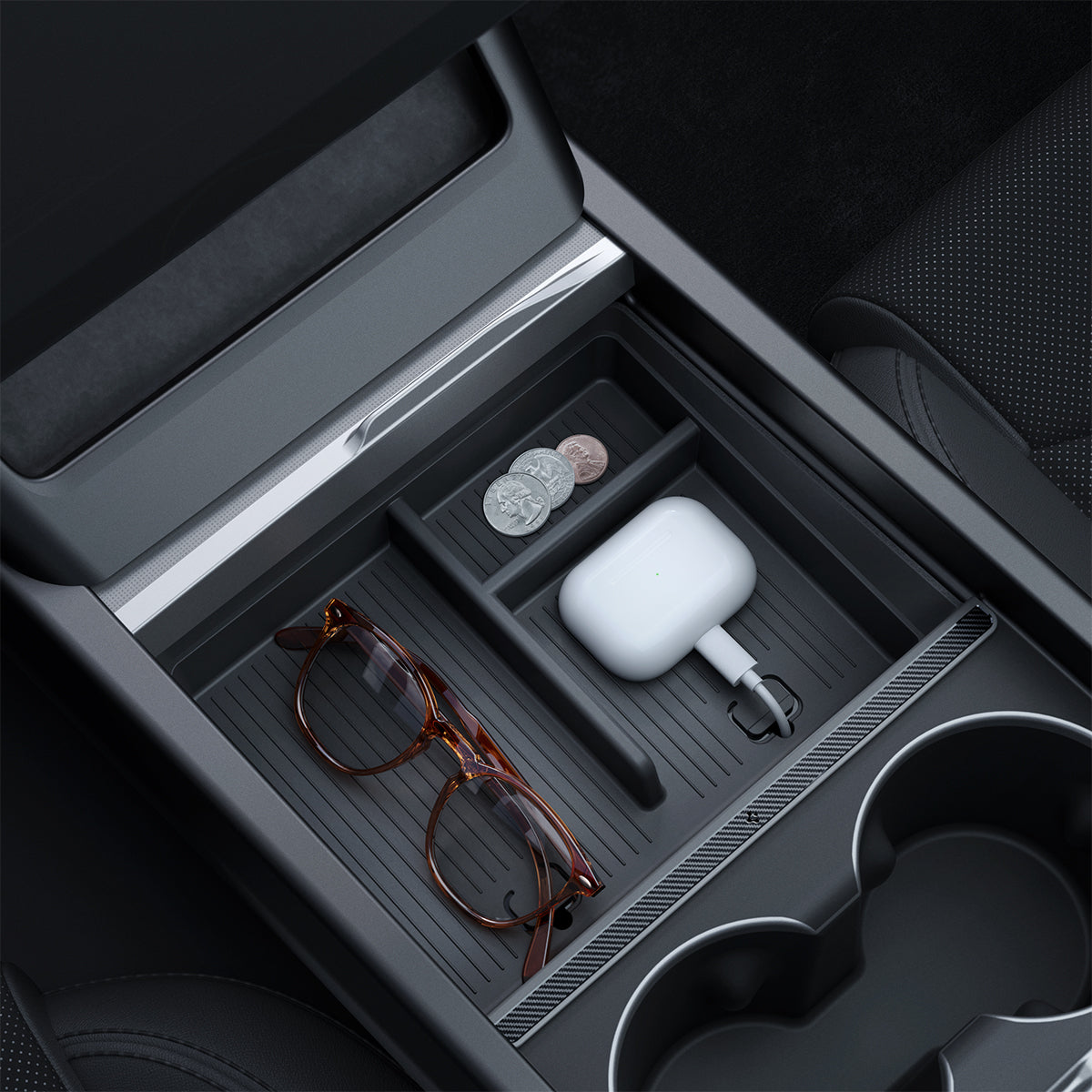 Auto-Organizer für Tesla Model 3 Highland 2024, Spigen Console Organizer Tray, Schwarz