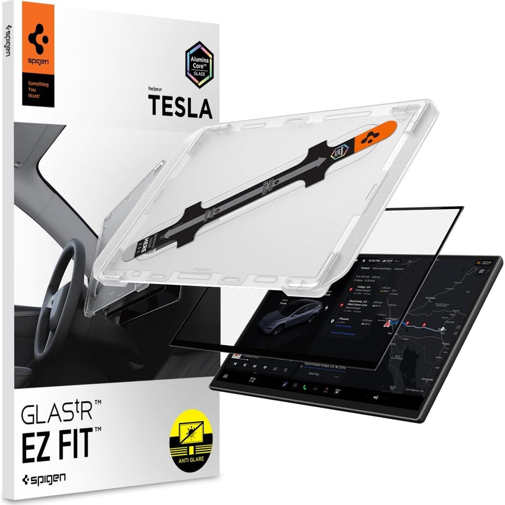 Antireflex Glas für Tesla Model Y 2024-2026, Spigen Glas.tR EZ Fit FC AC 1-Pack, Schwarzer Rahmen